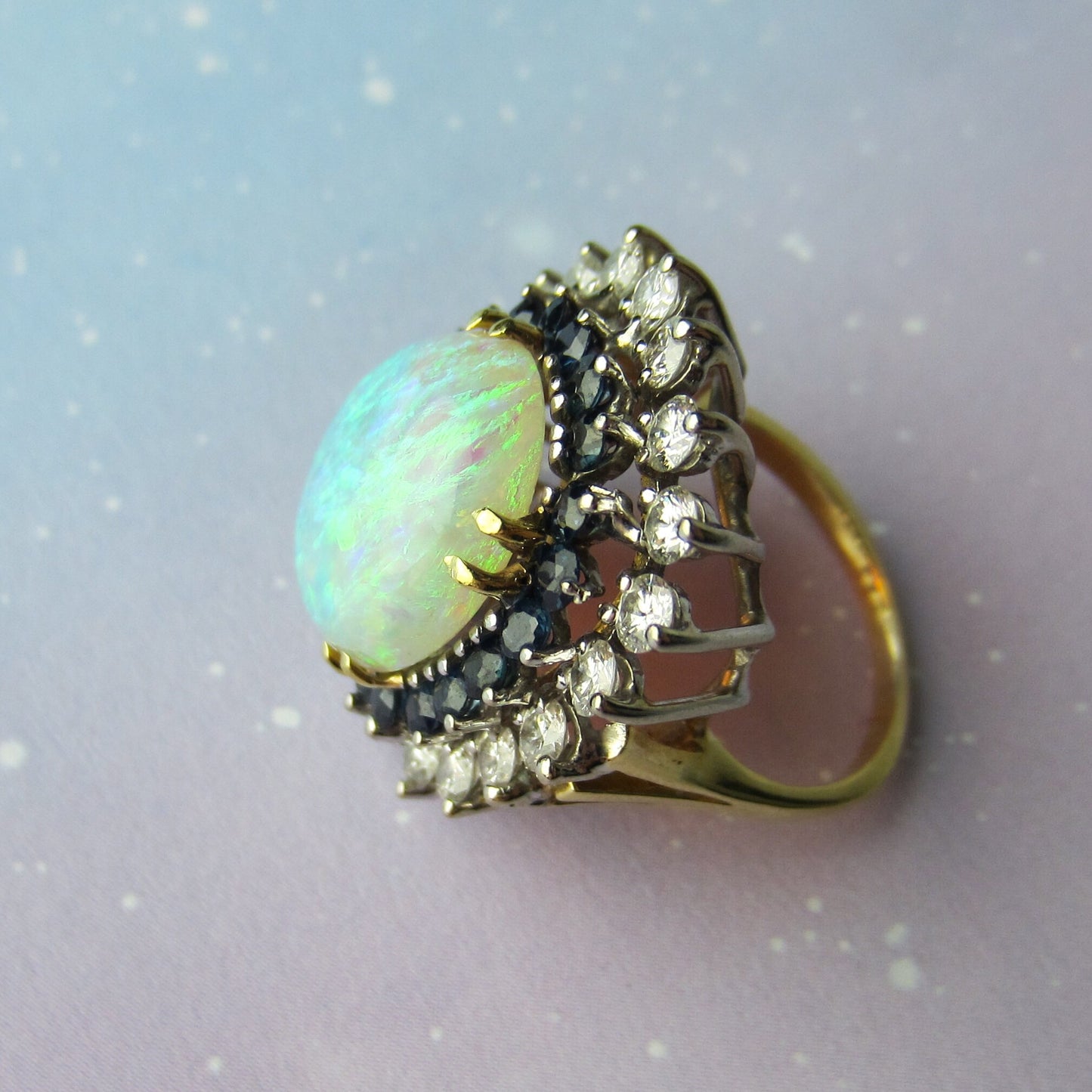 SOLD--Fabulous Mid-Century Opal, Diamond and Sapphire Ring 18k c. 1960