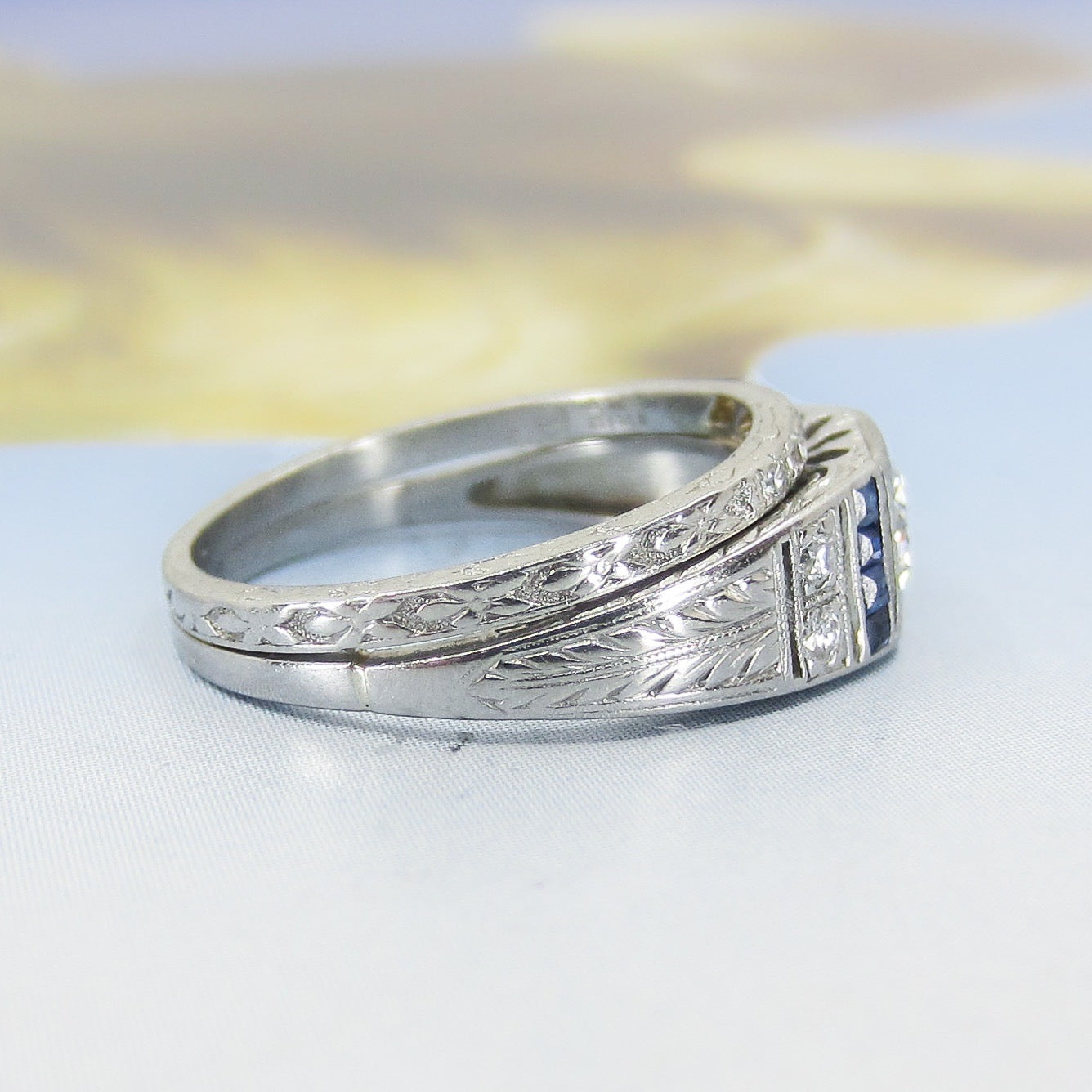 SOLD-Art Deco Old European Diamond .41ct and Sapphire Wedding Set Platinum c. 1927