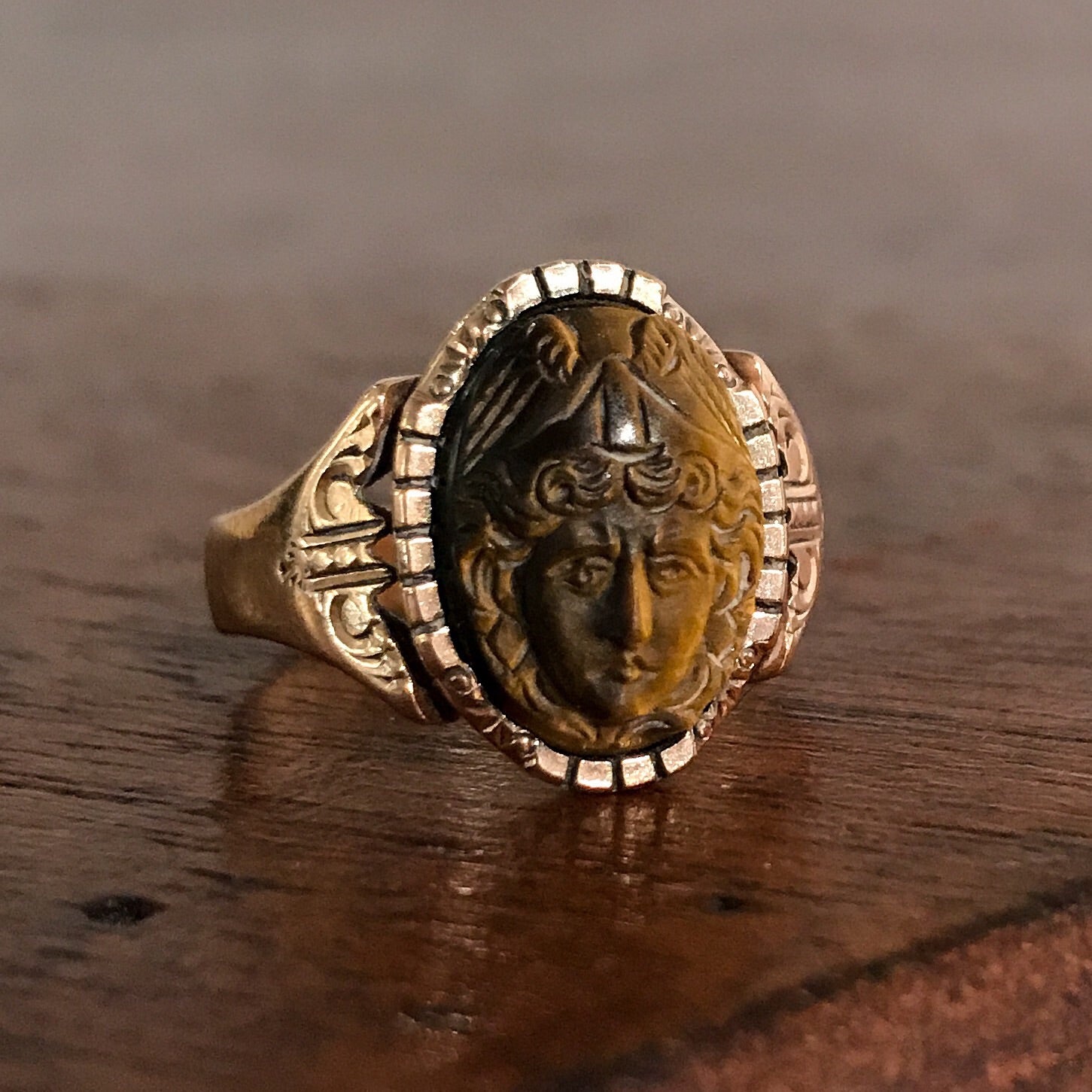 SOLD-Victorian Tiger's Eye Mercury Cameo Ring 10k c. 1880 – Bavier