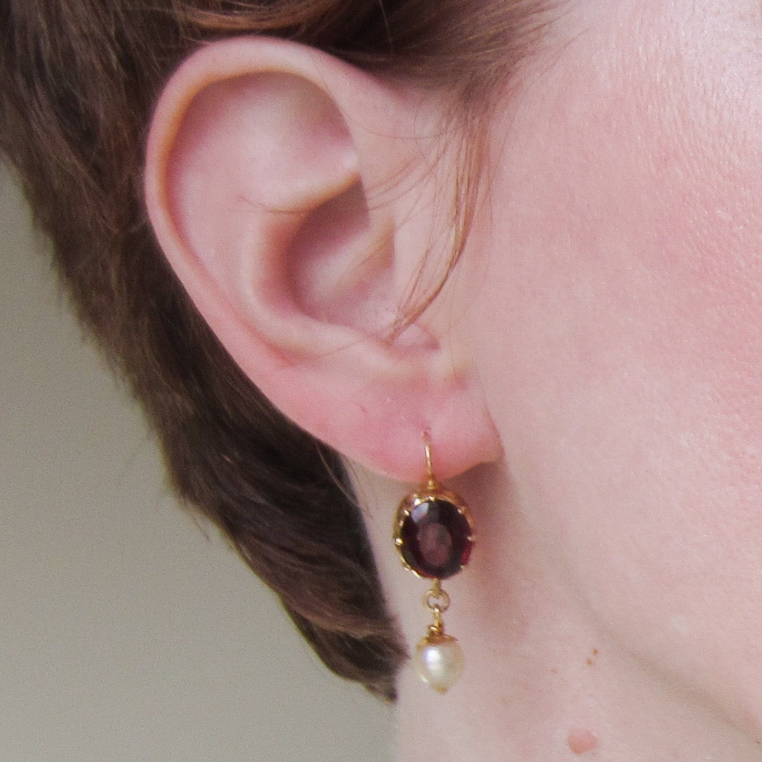 SOLD-Mid-Century Garnet and Pearl Drop Earrings 14k c. 1960