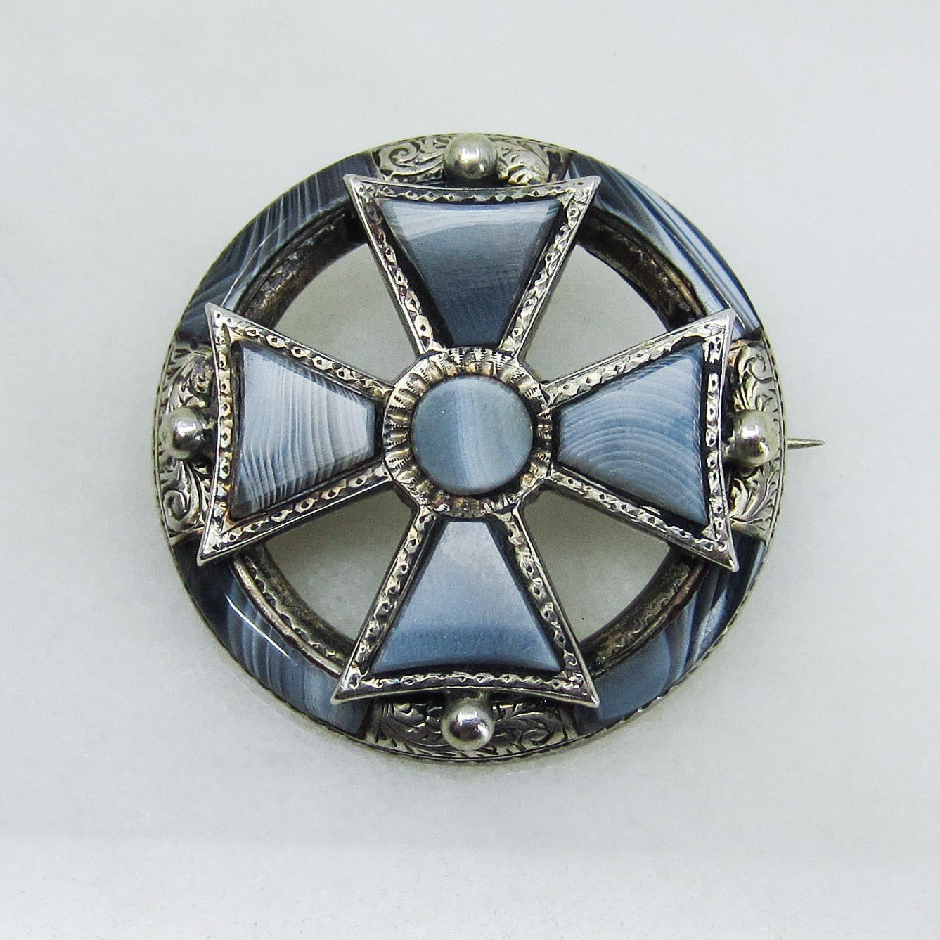 SOLD-Victorian Scottish Blue Agate Maltese Cross Brooch Sterling c. 1880