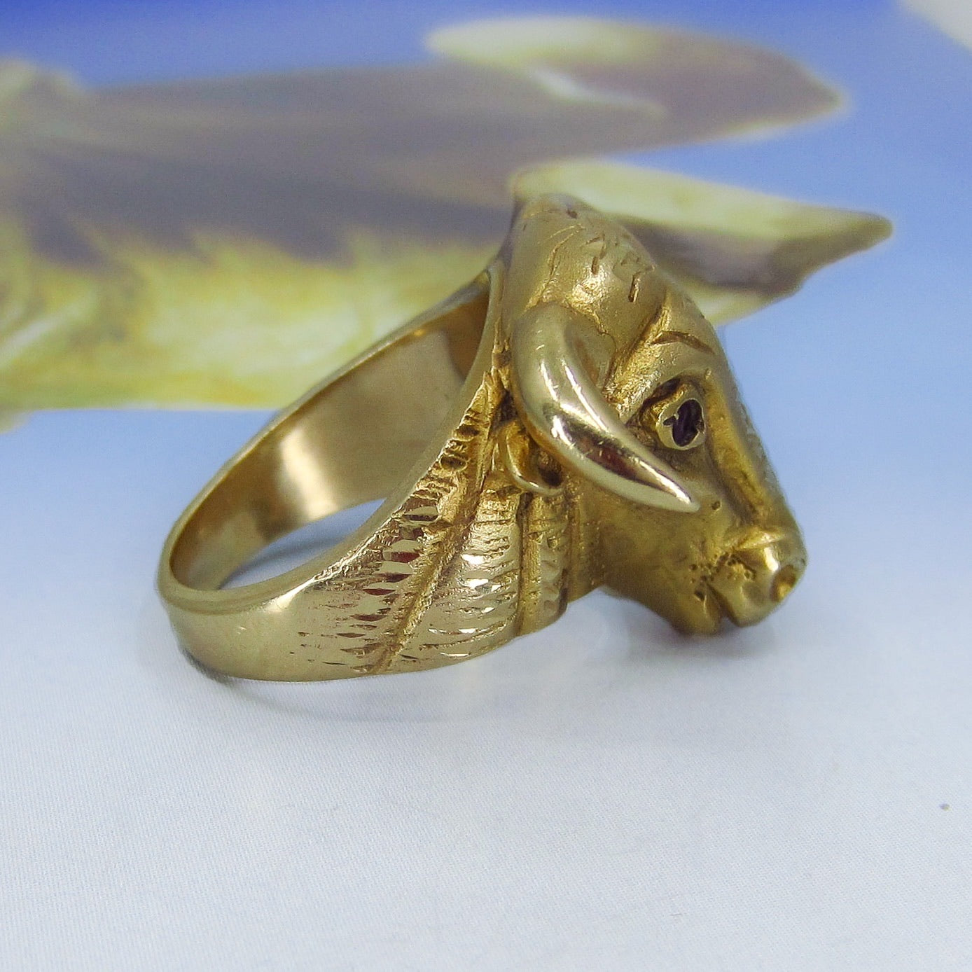 SOLD--Giant Bull Ring with Ruby Eyes 14k c. 1960