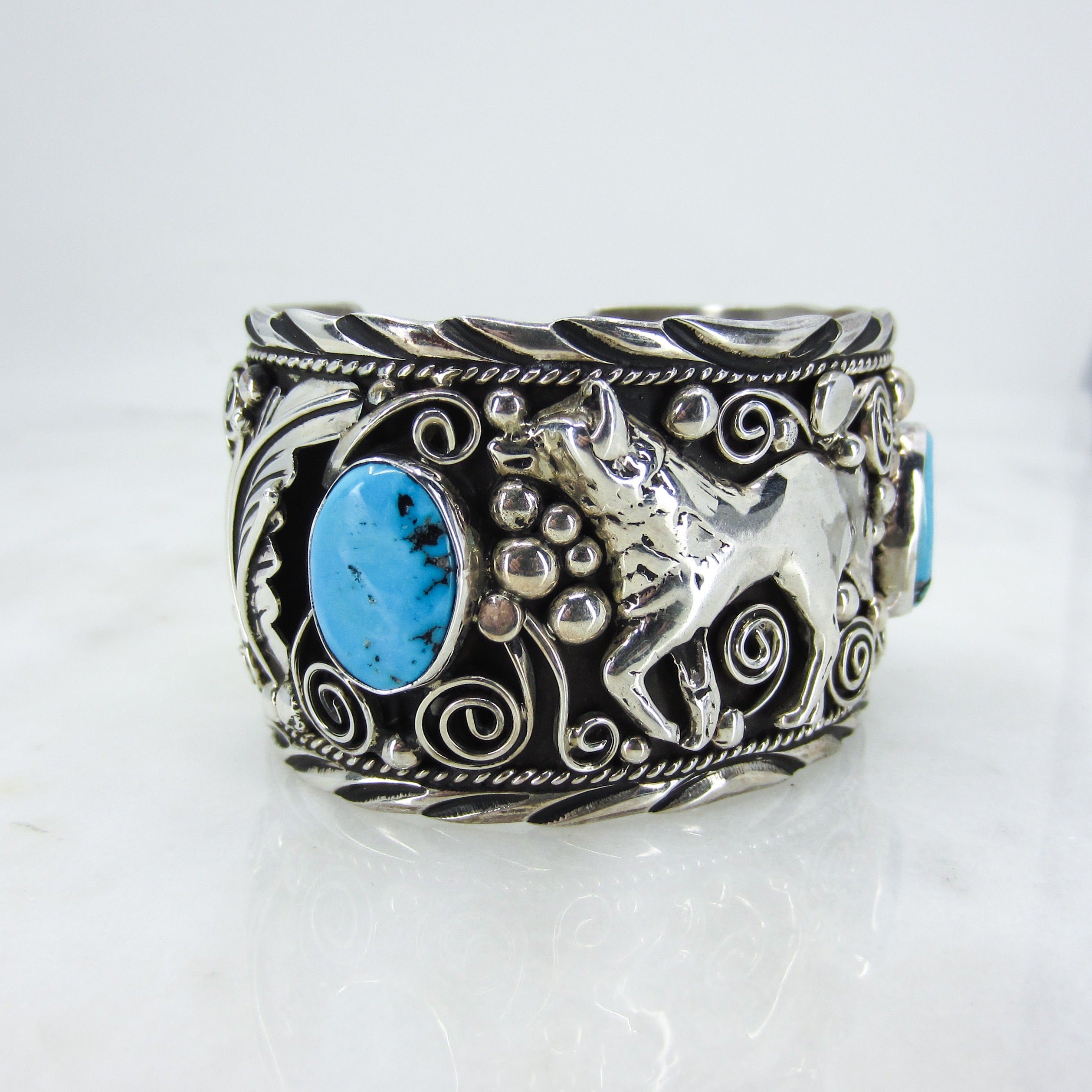 Vintage Navajo Turquoise Wolf Cuff Sterling, Lee Thompson c. 1970