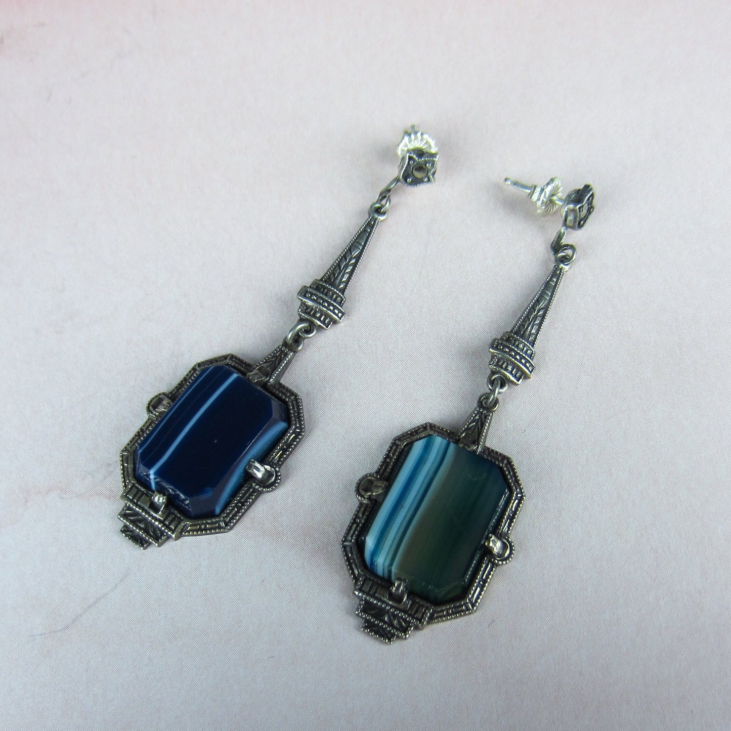 SOLD--Art Deco Banded Agate and Marcasite Earrings Sterling c. 1930