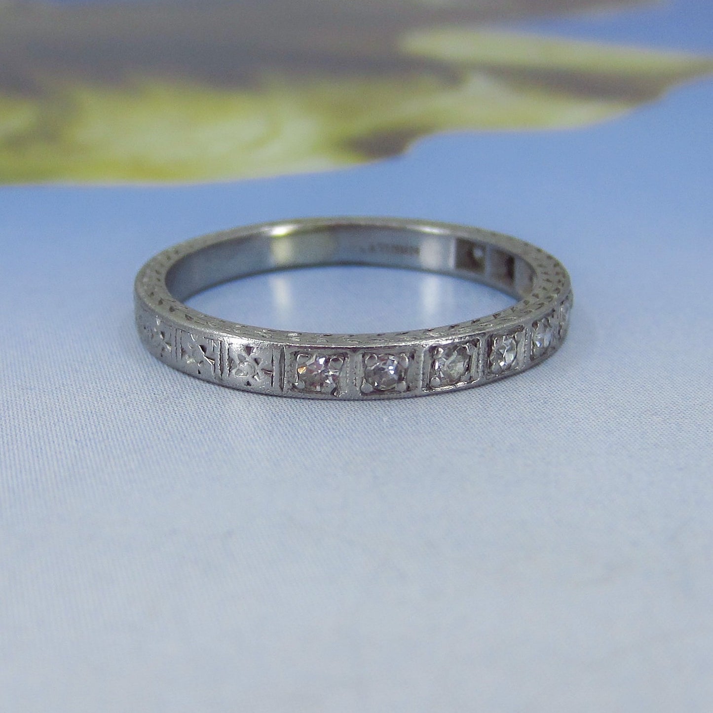 SOLD-Art Deco Ten Diamond Engraved Band Platinum c. 1930