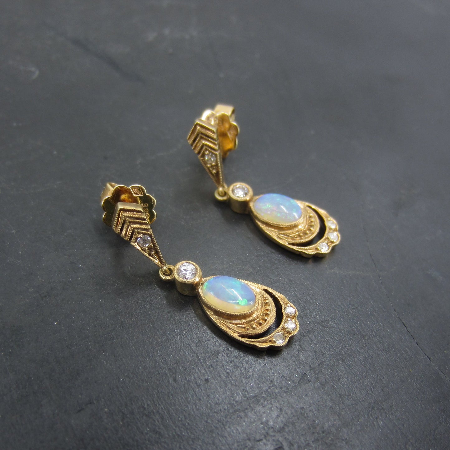 SOLD-Vintage Opal and Diamond Drop Earrings 14k