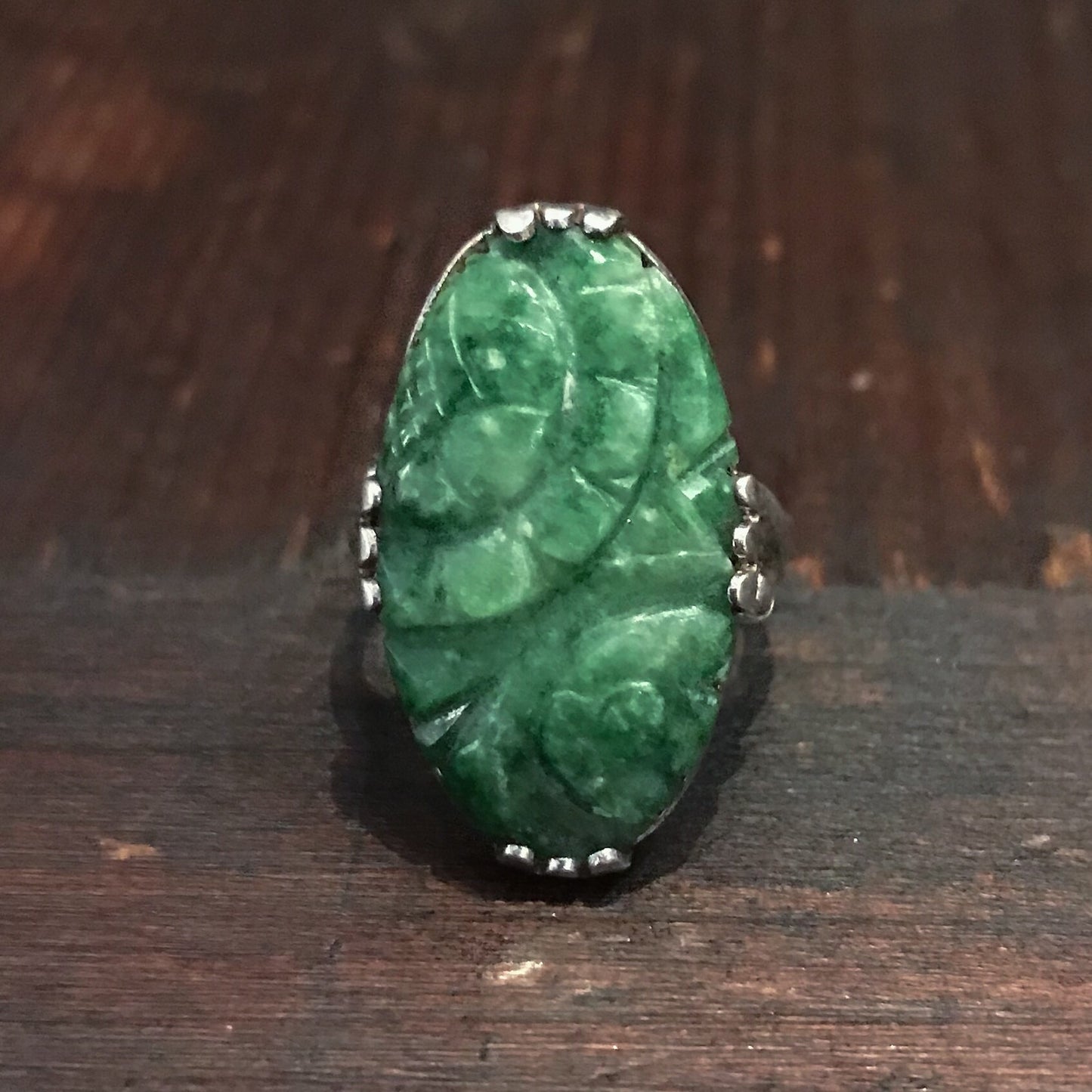 SOLD--Art Deco Carved Jade Ring Sterling c. 1930