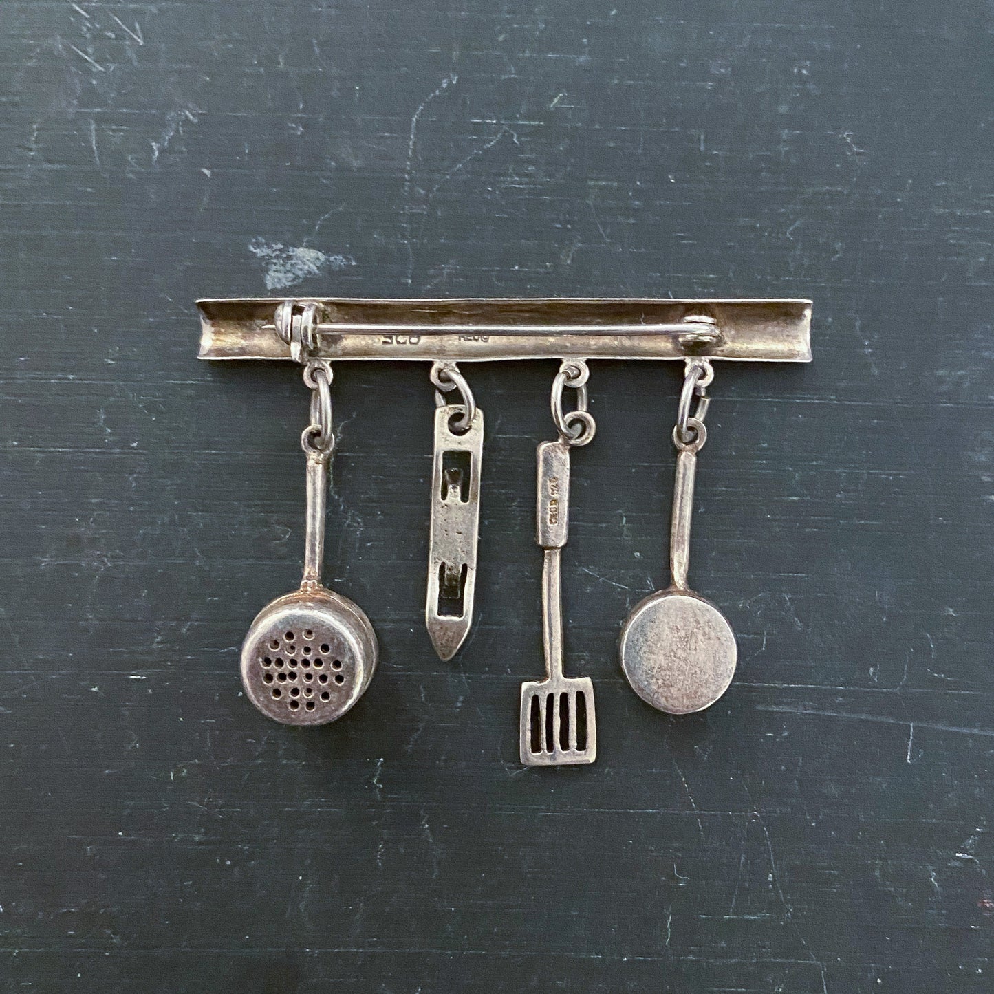 SOLD--Vintage Cooking Utensils Brooch Sterling c. 1980