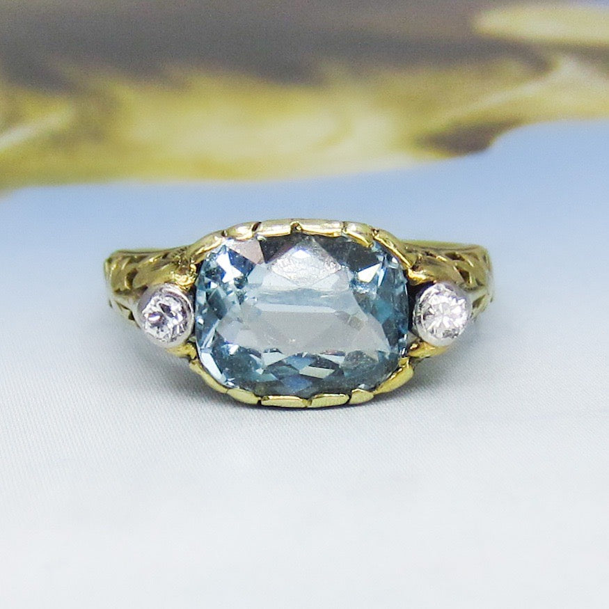 SOLD--Arts & Crafts Aquamarine and Diamond Flower Ring 14k c. 1920