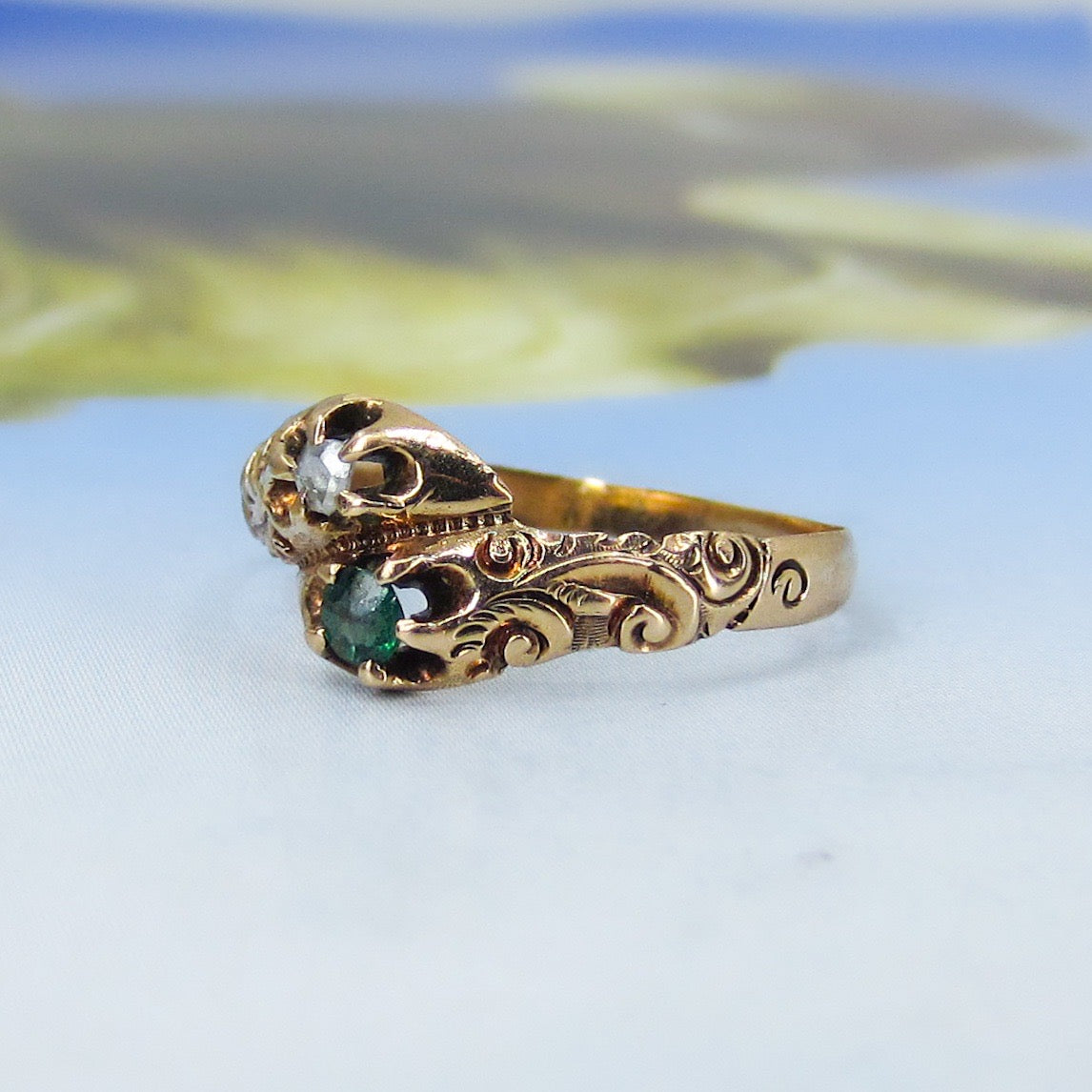 Victorian Rose Cut Diamond and Emerald Doublet Ring 14k c. 1880