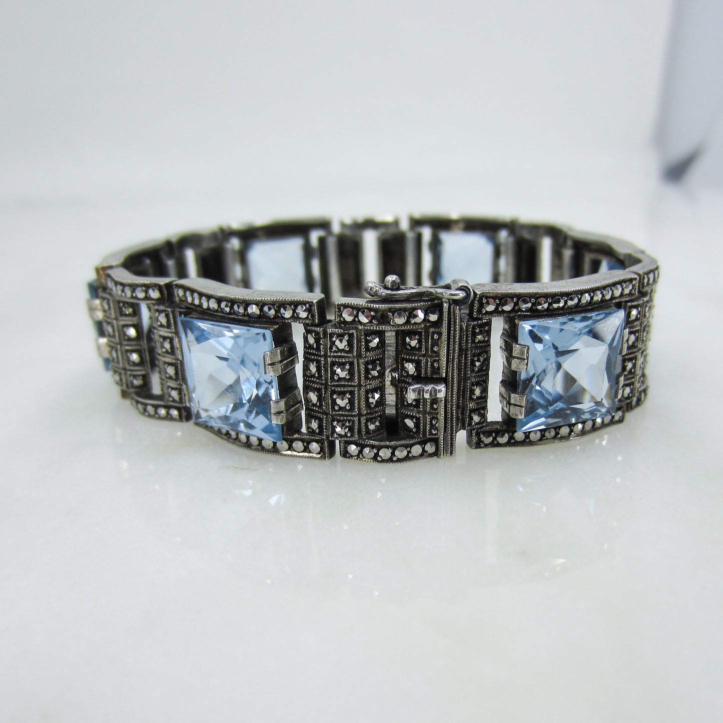 SOLD-Art Deco Theodor Fahrner Syn Blue Spinel and Marcasite Bracelet Sterling Silver, Germany c. 1940