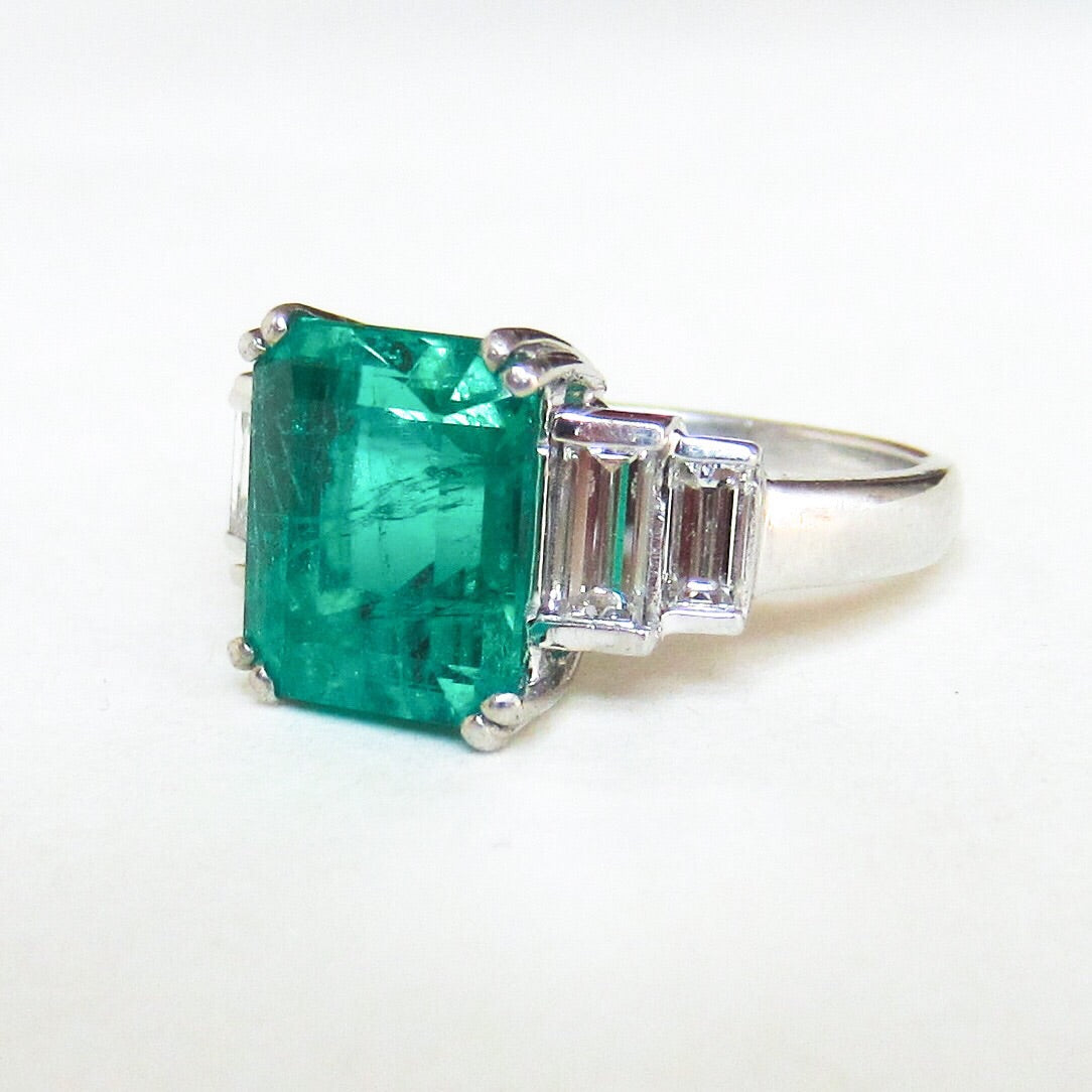 SOLD-GORGEOUS Vintage Emerald 4.57ct and Baguette Diamond Ring Platinum