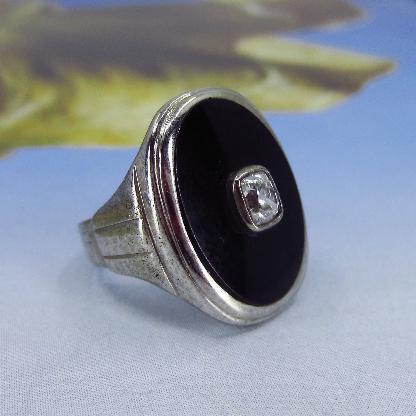 SOLD—Art Deco Old Mine Diamond and Onyx Signet Ring 10kc. 1920