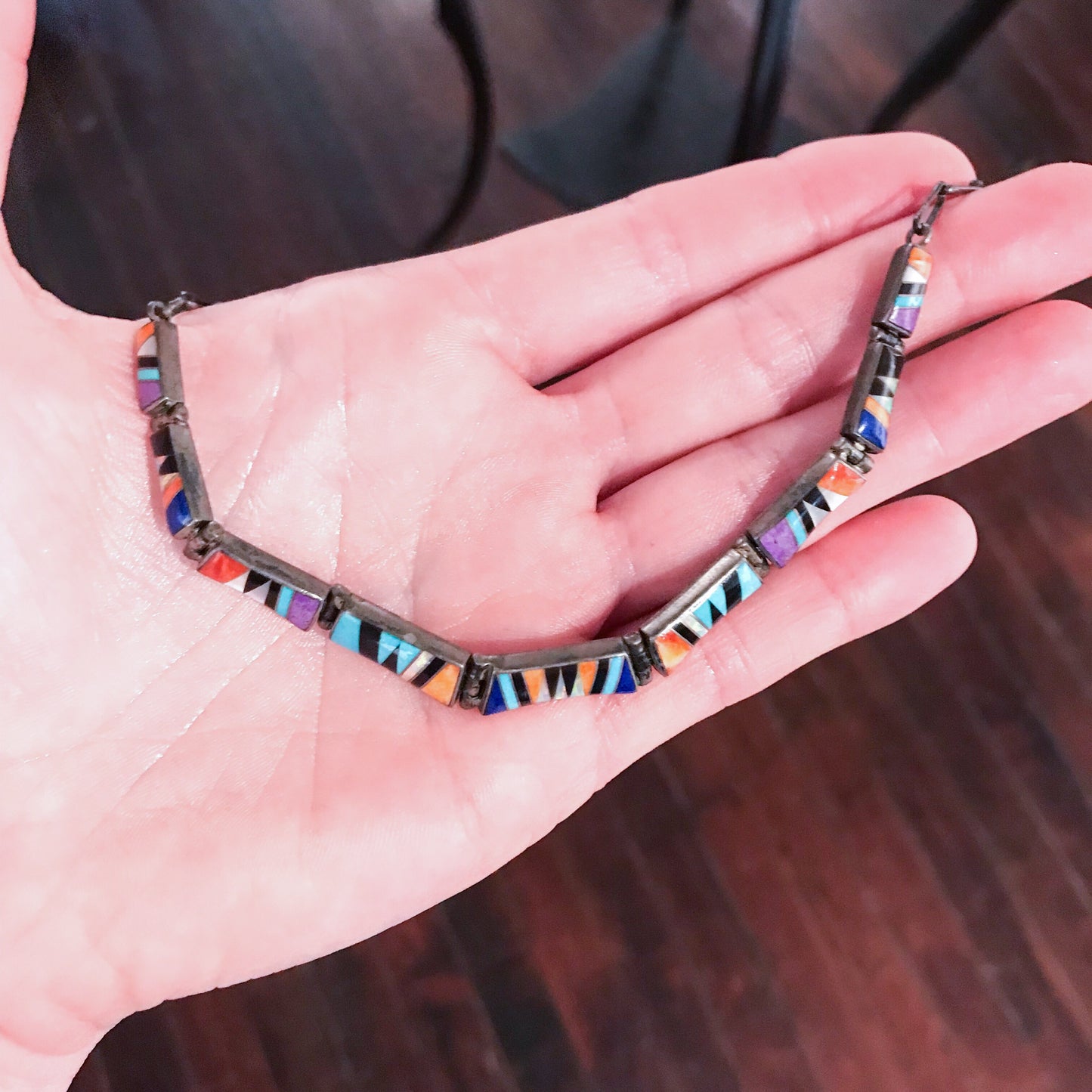 SOLD--Vintage Navajo Inlay Necklace Sterling c. 1980