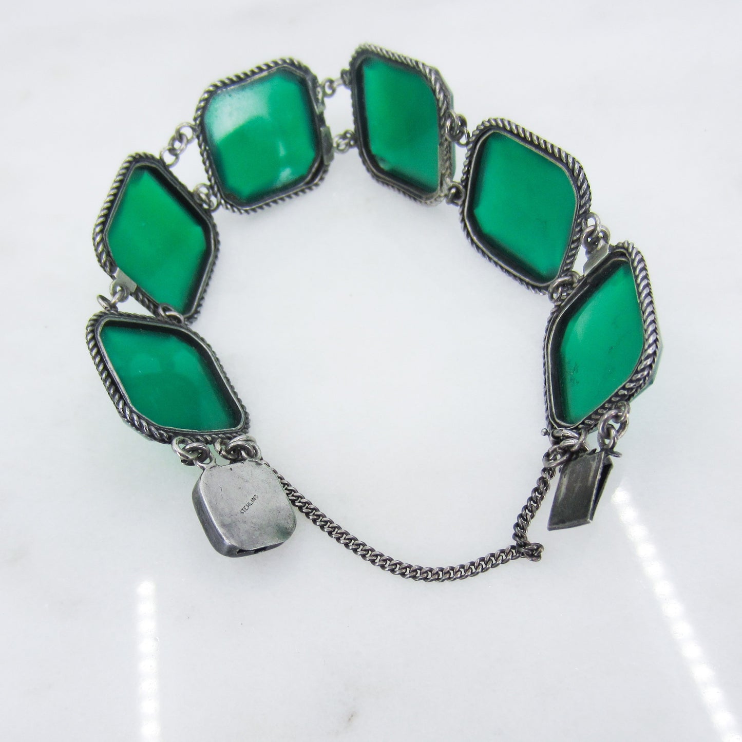 SOLD-Art Deco Green Chalcedony Bracelet Sterling c. 1930