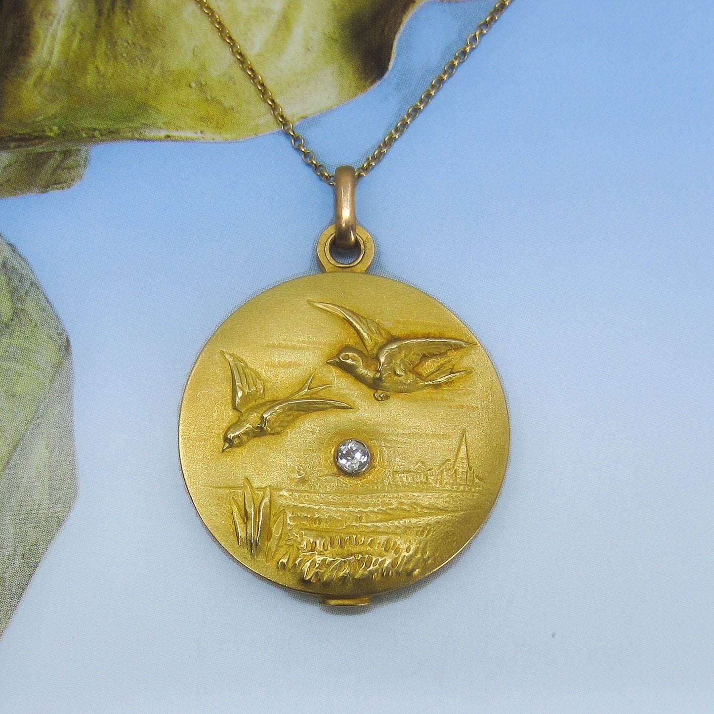 SOLD--Art Nouveau Diamond Two Swallows Slide Locket 18k, French c. 1890