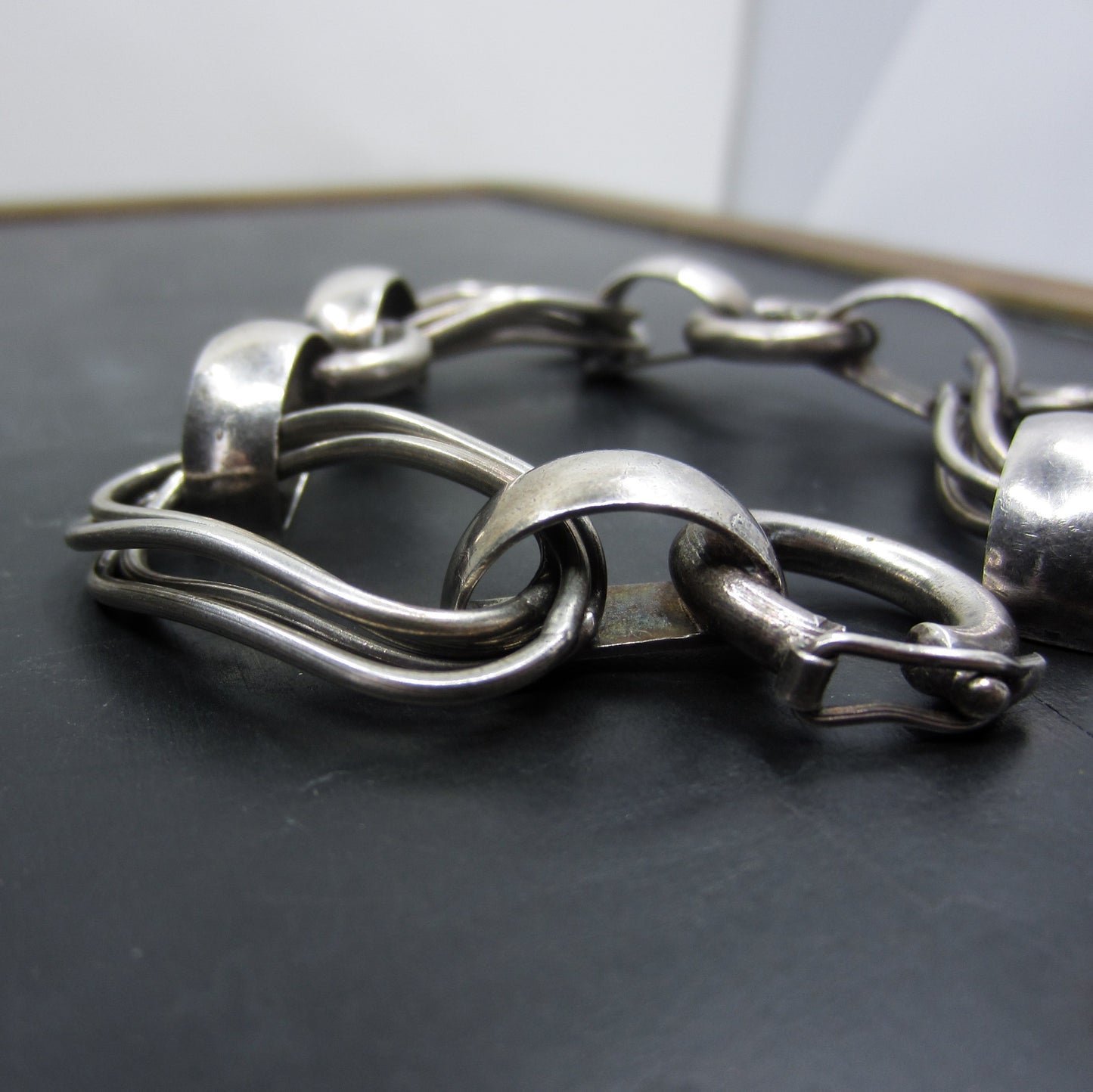 SOLD--Vintage Modernist Oval Rings Bracelet Sterling c. 1970