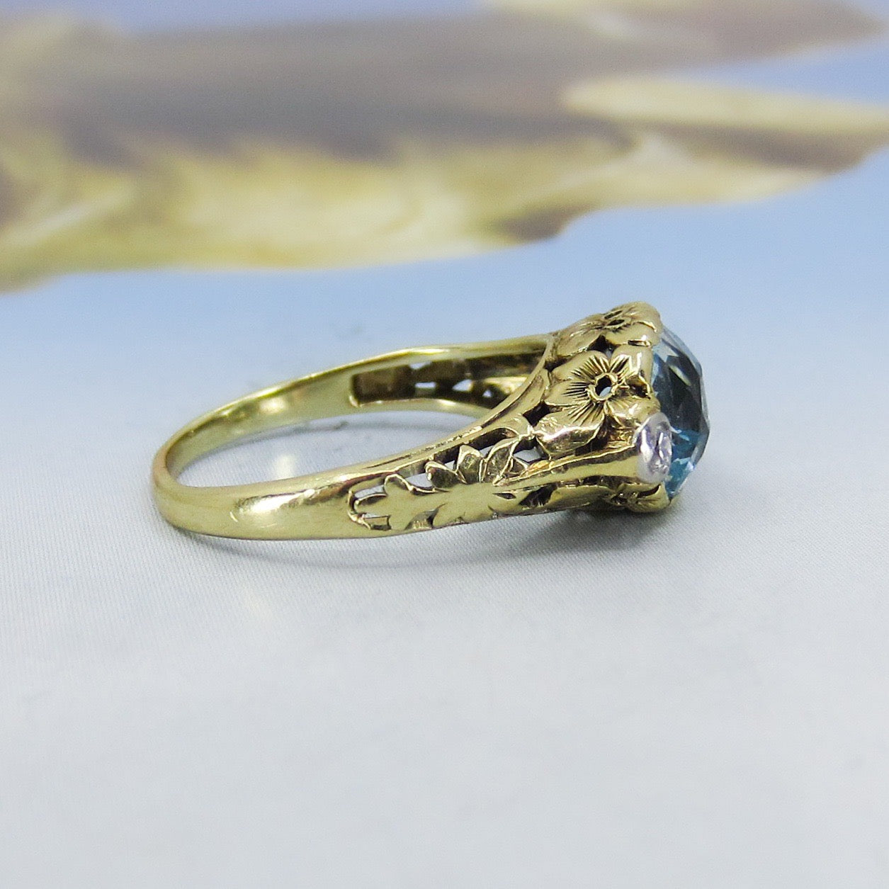 SOLD--Arts & Crafts Aquamarine and Diamond Flower Ring 14k c. 1920