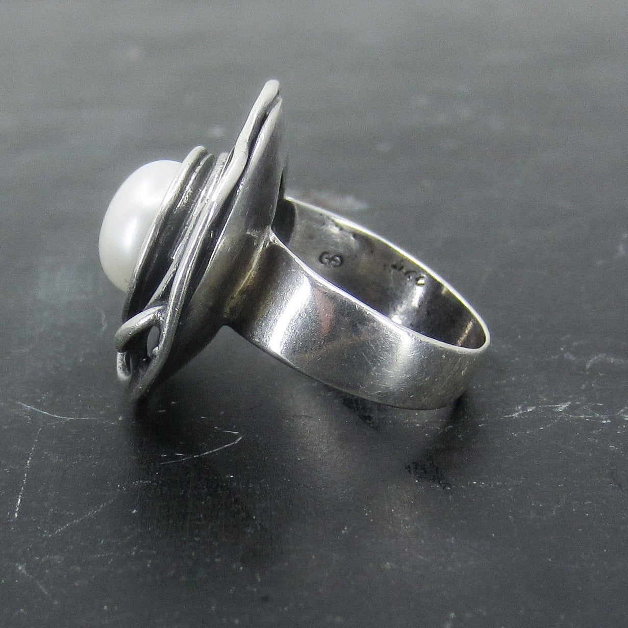 SOLD--Modernist Pearl Ring Sterling Silver c. 1970