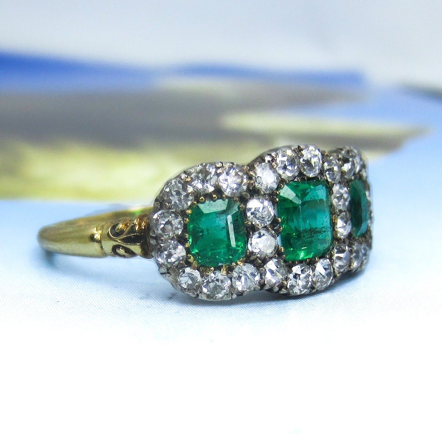 HOLD--Incredible Victorian Emerald and Diamond Cluster Ring Silver/18k c. 1850