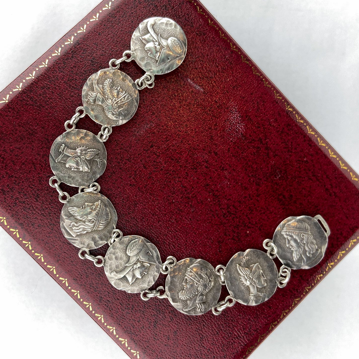 SOLD— Victorian Etruscan Revival Coin Bracelet Sterling c. 1884