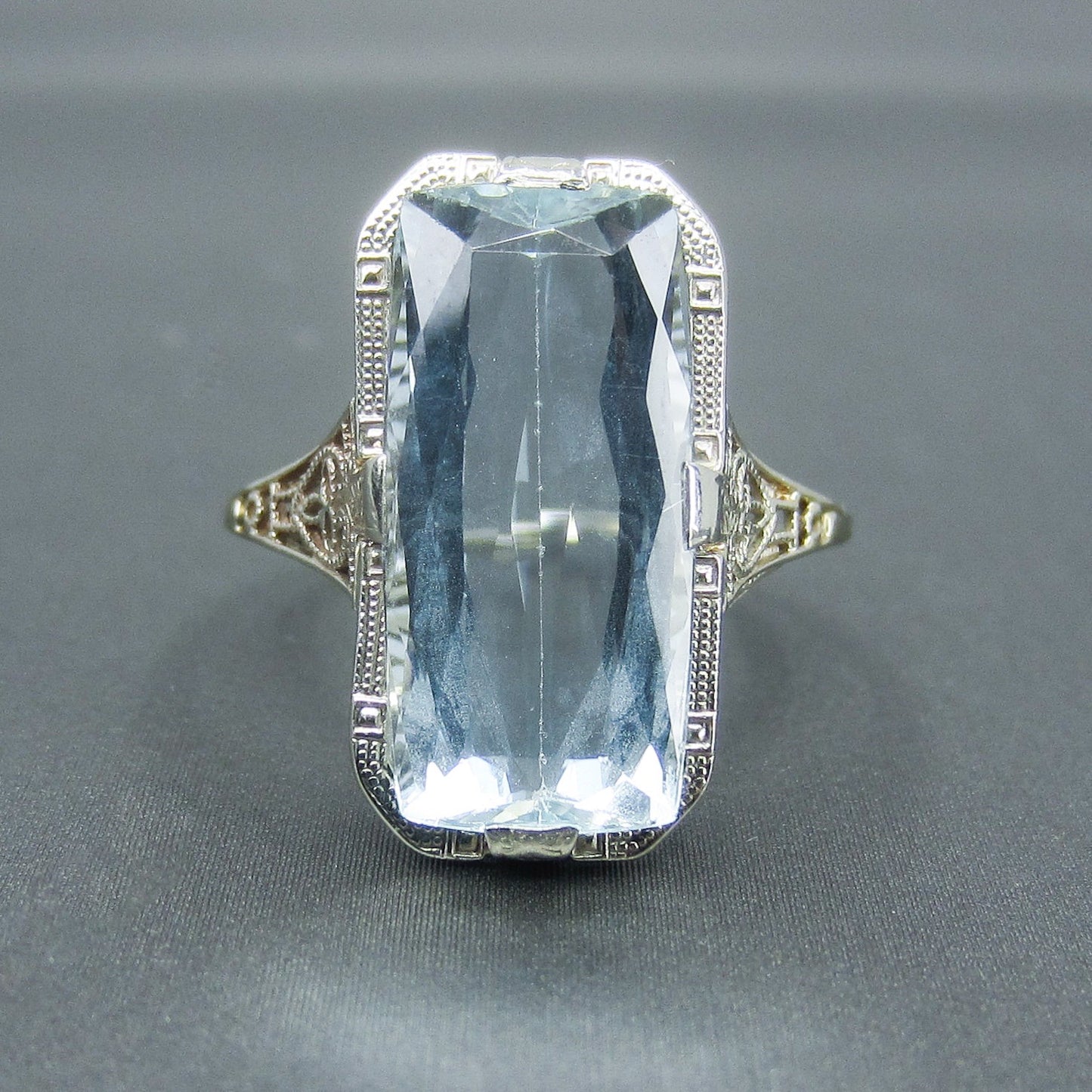 SOLD—Art Deco Aquamarine Filigree Ring 18k c. 1920