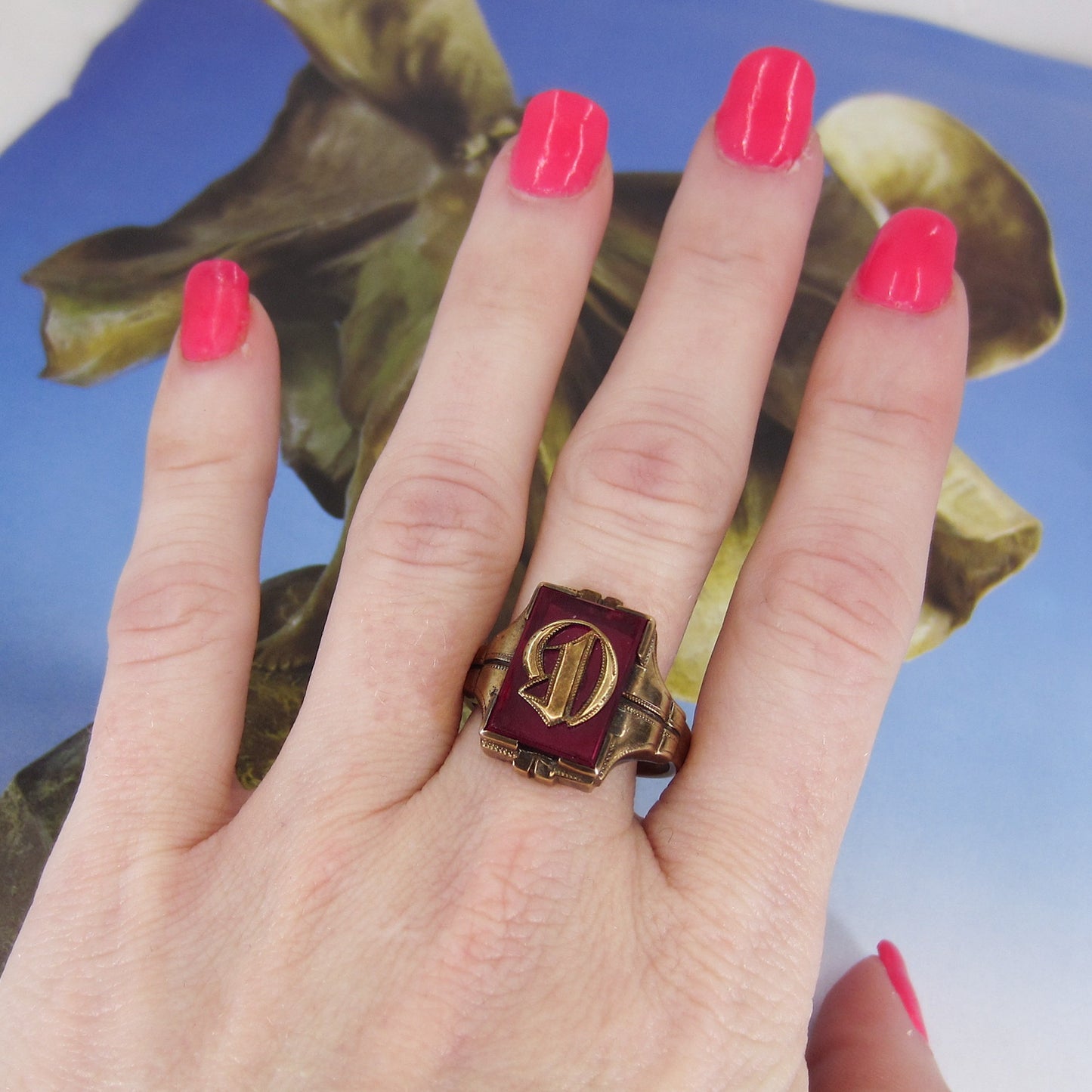 Art Déco Synthetic Ruby “D” Initial Signet Ring 10k c. 1920