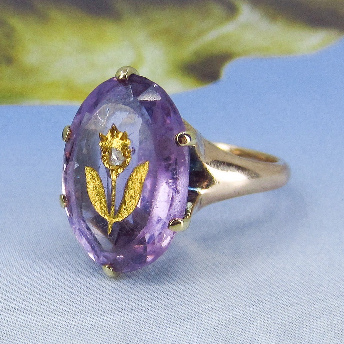 SOLD—Victorian Amethyst and Diamond Flower Ring 14k c. 1890