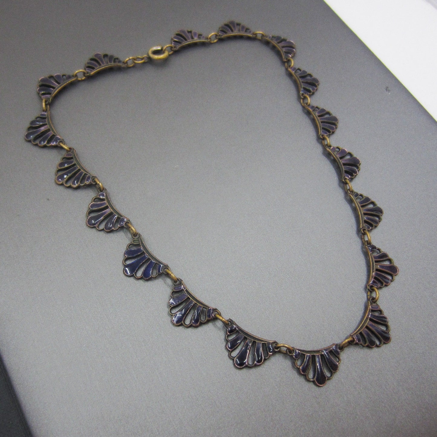 SOLD-Art Deco Purple Enamel Necklace Brass c. 1930