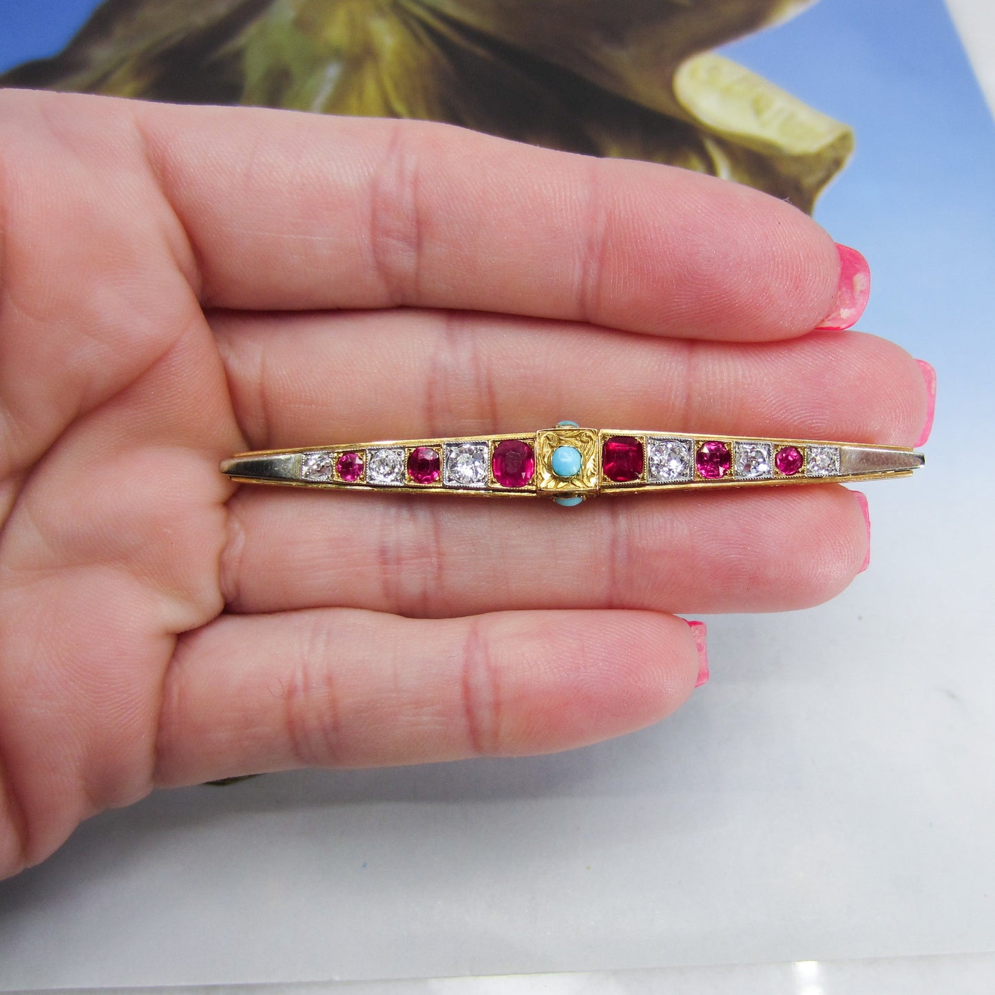 Gorgeous Art Deco Egyptian Revival Ruby, Diamond and Turquoise Brooch 18k c. 1920