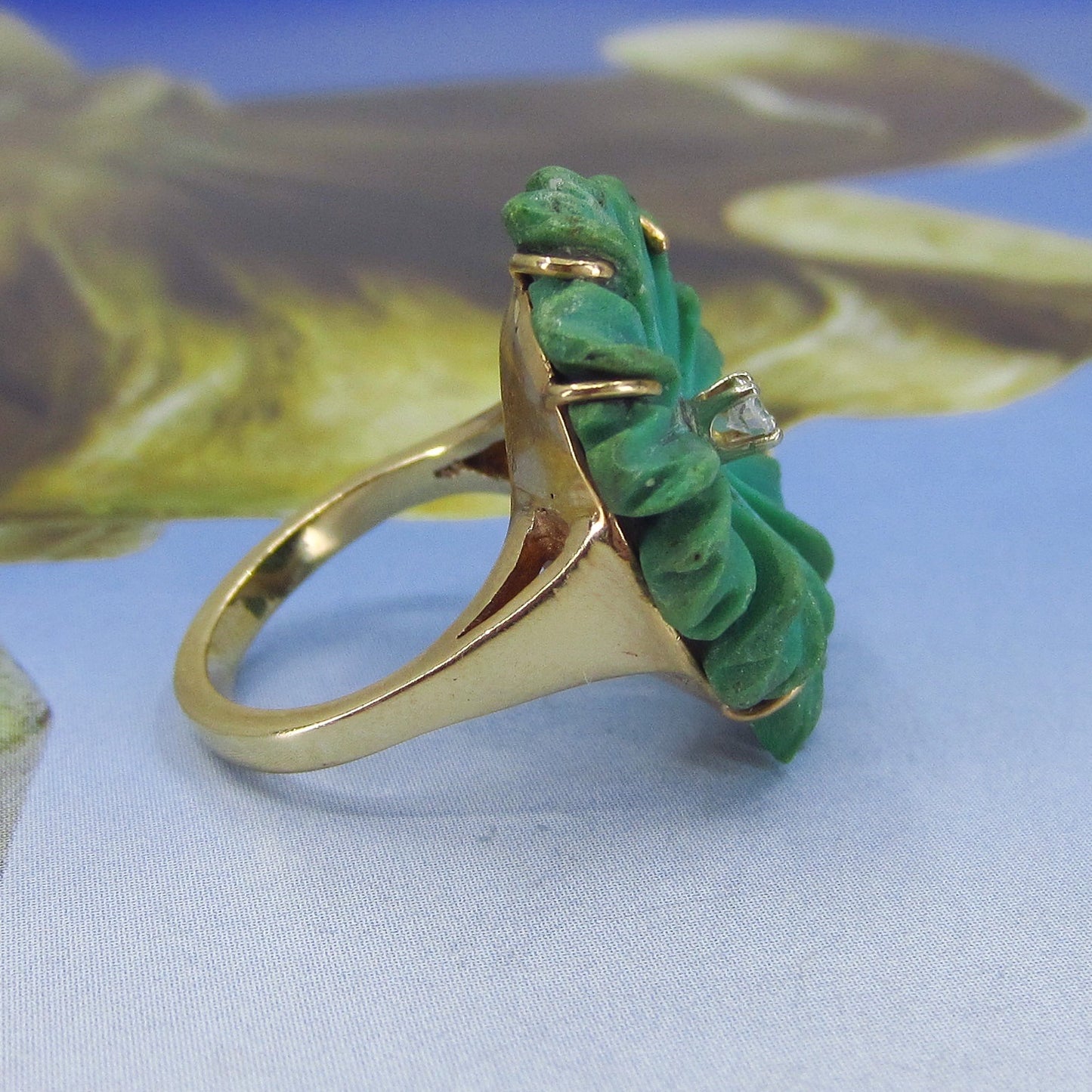 SOLD - Mid-Century Diamond and Carved Aventurine Ring 14k c. 1960