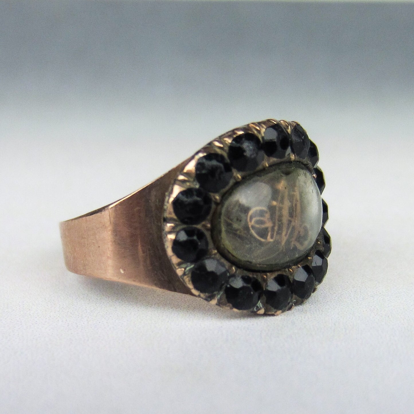 SOLD--Georgian Jet "M" Mourning Ring 12k c. 1808