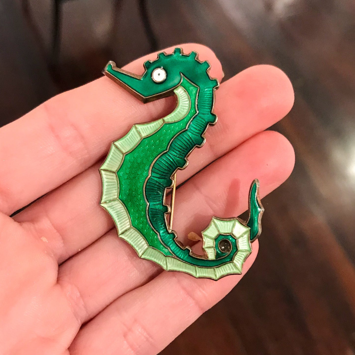 SOLD--Mid-Century Enamel Seahorse Brooch Sterling, David Andersen c. 1960