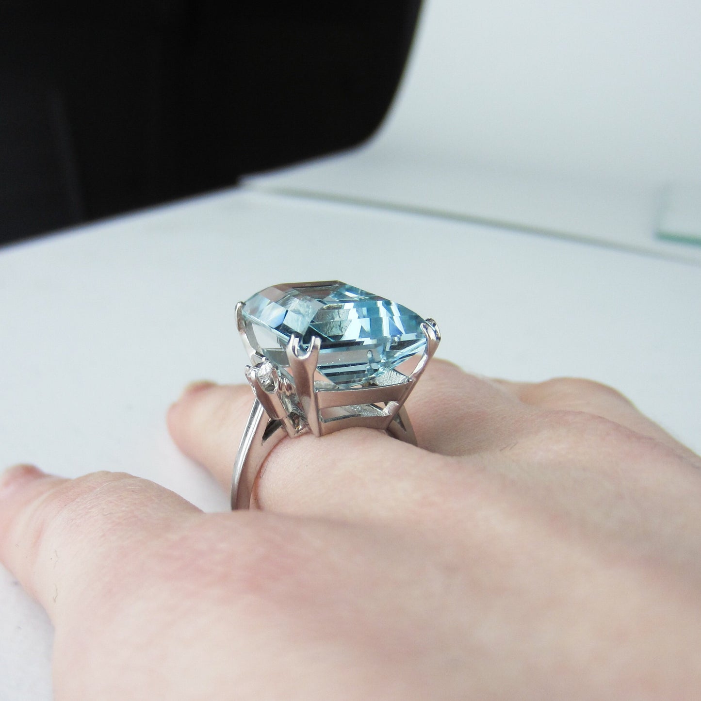 SOLD--Vintage Aquamarine and Diamond Ring 14k c. 1960