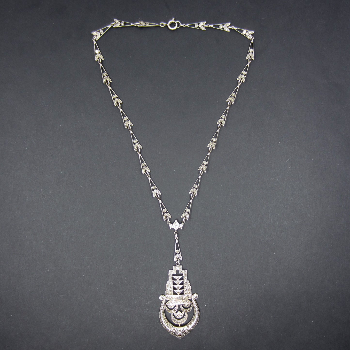 HOLD--Art Deco Marcasite Drop Necklace Sterling Silver c. 1930