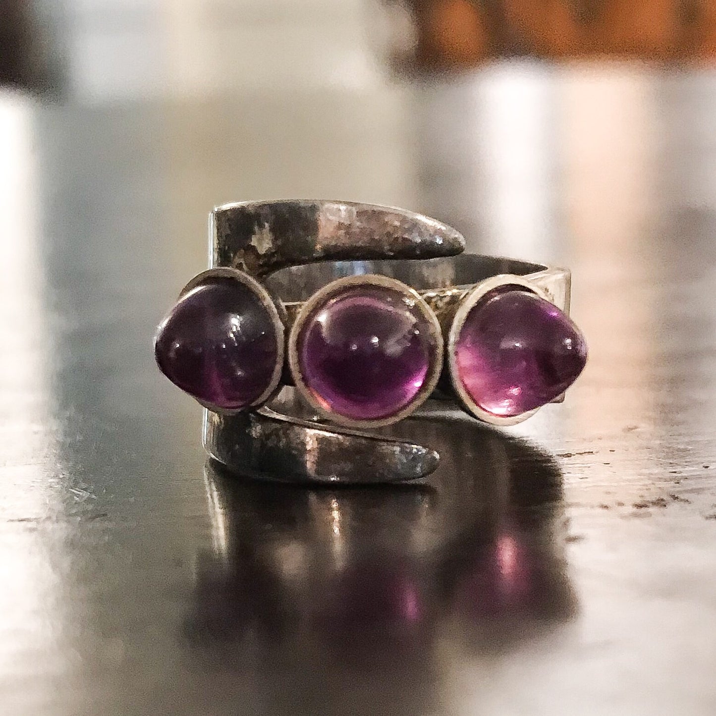SOLD--Modernist David Andersen Amethyst Bullet Cabochon Ring Sterling, Norway c. 1969