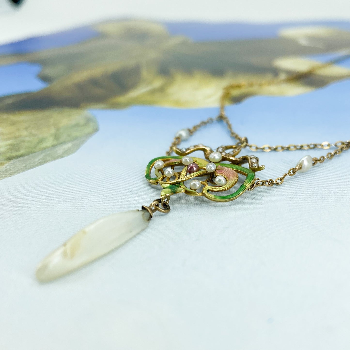 SOLD--Art Nouveau Enamel and Pearl Necklace 14k c. 1900