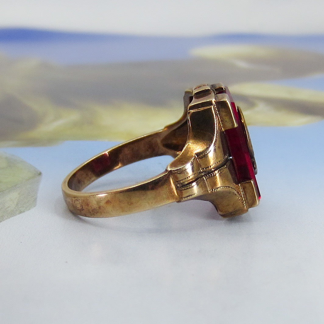 SOLD--Art Déco Synthetic Ruby “D” Initial Signet Ring 10k c. 1920