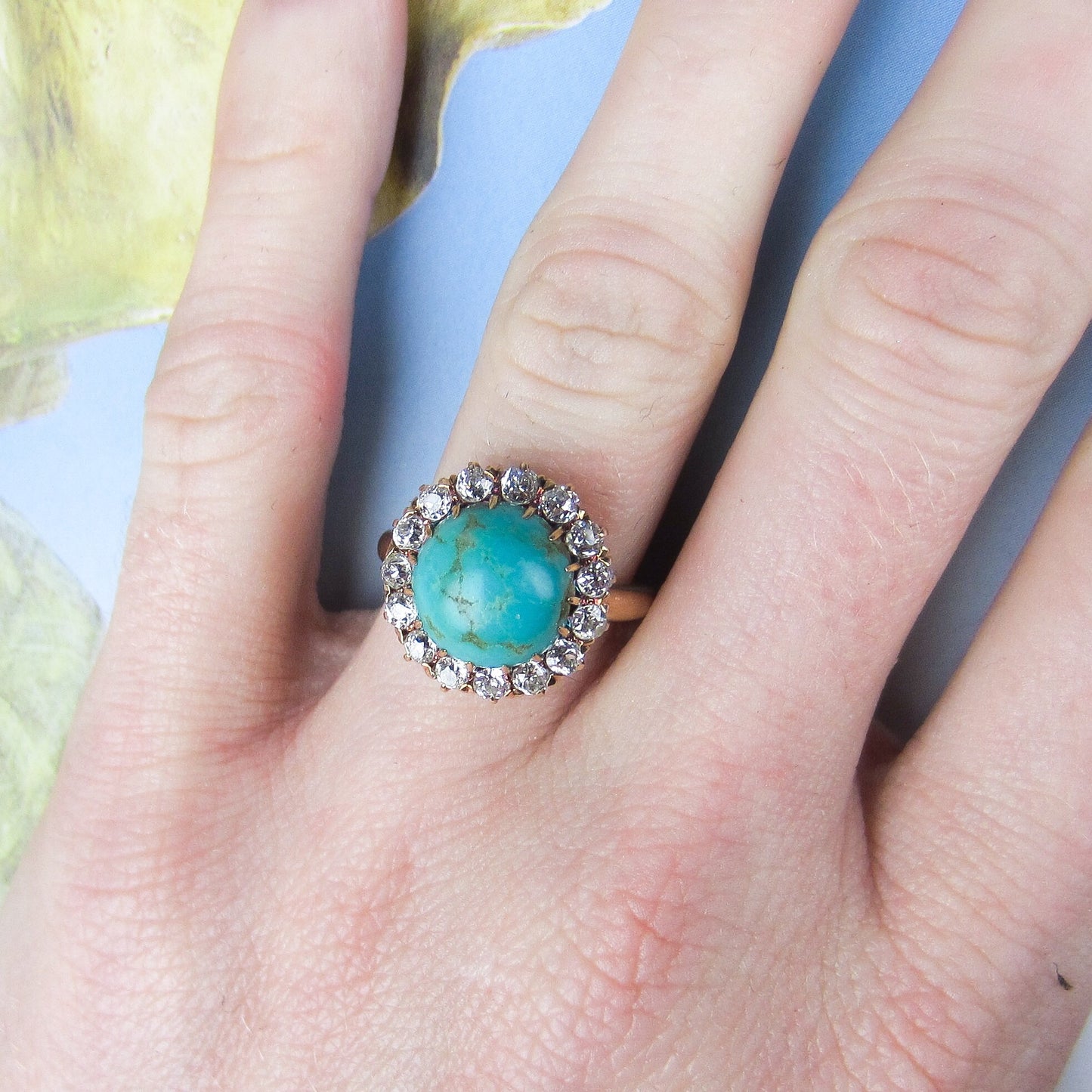 SOLD--Edwardian Turquoise and Diamond Cluster Ring 14k c. 1900