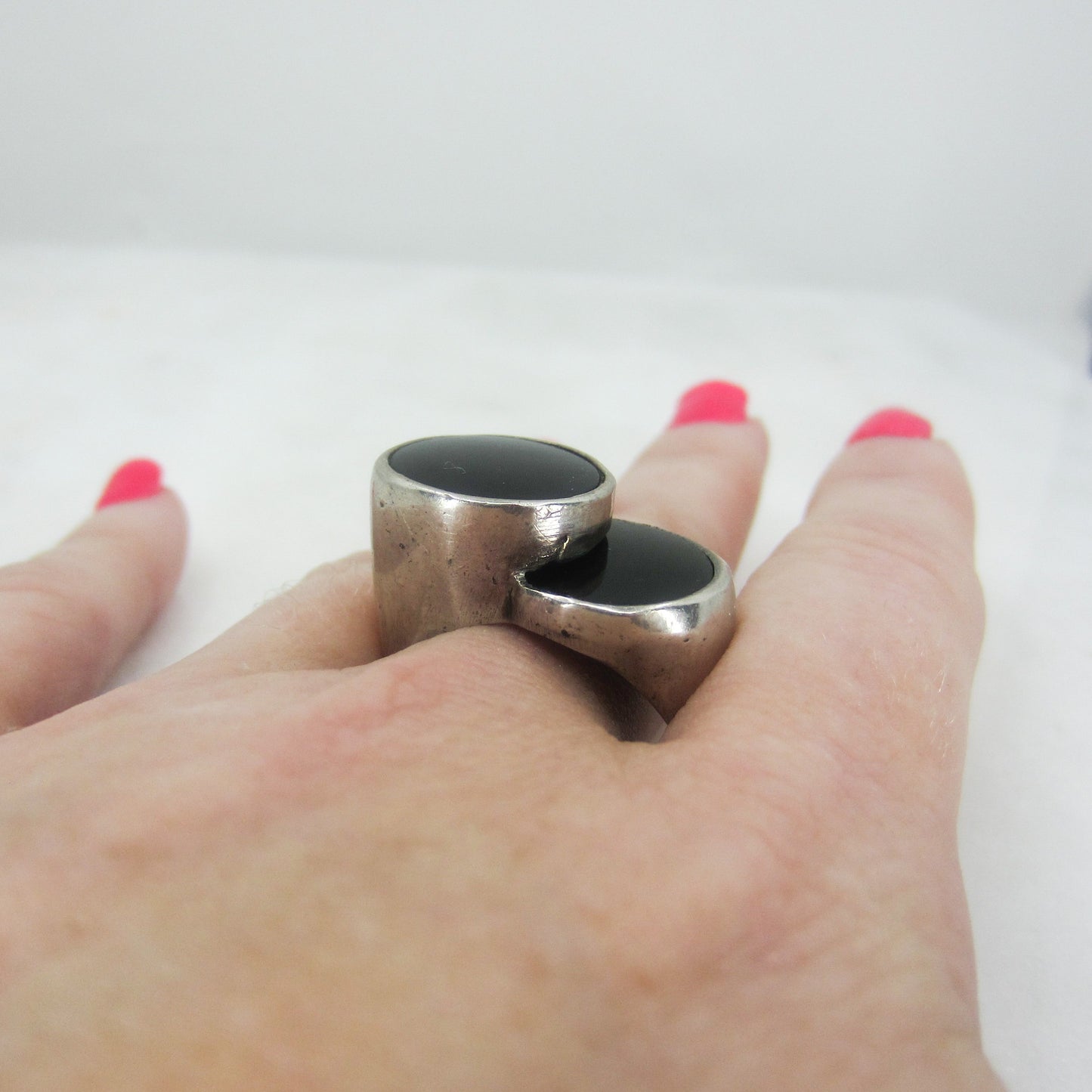 SOLD--Modernist Onyx Circles Ring Sterling c. 1970