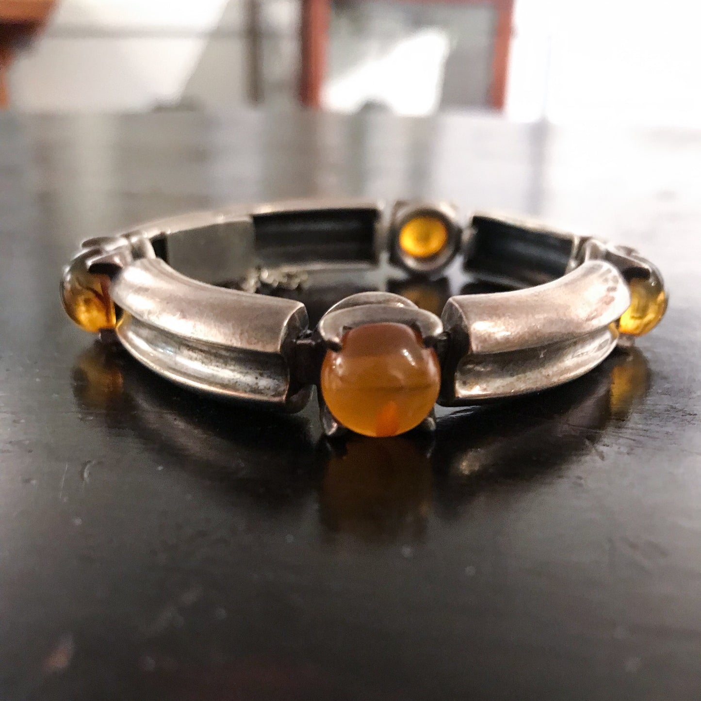 Vintage Modernist Chunky Amber Bracelet Sterling, Poland c. 1970