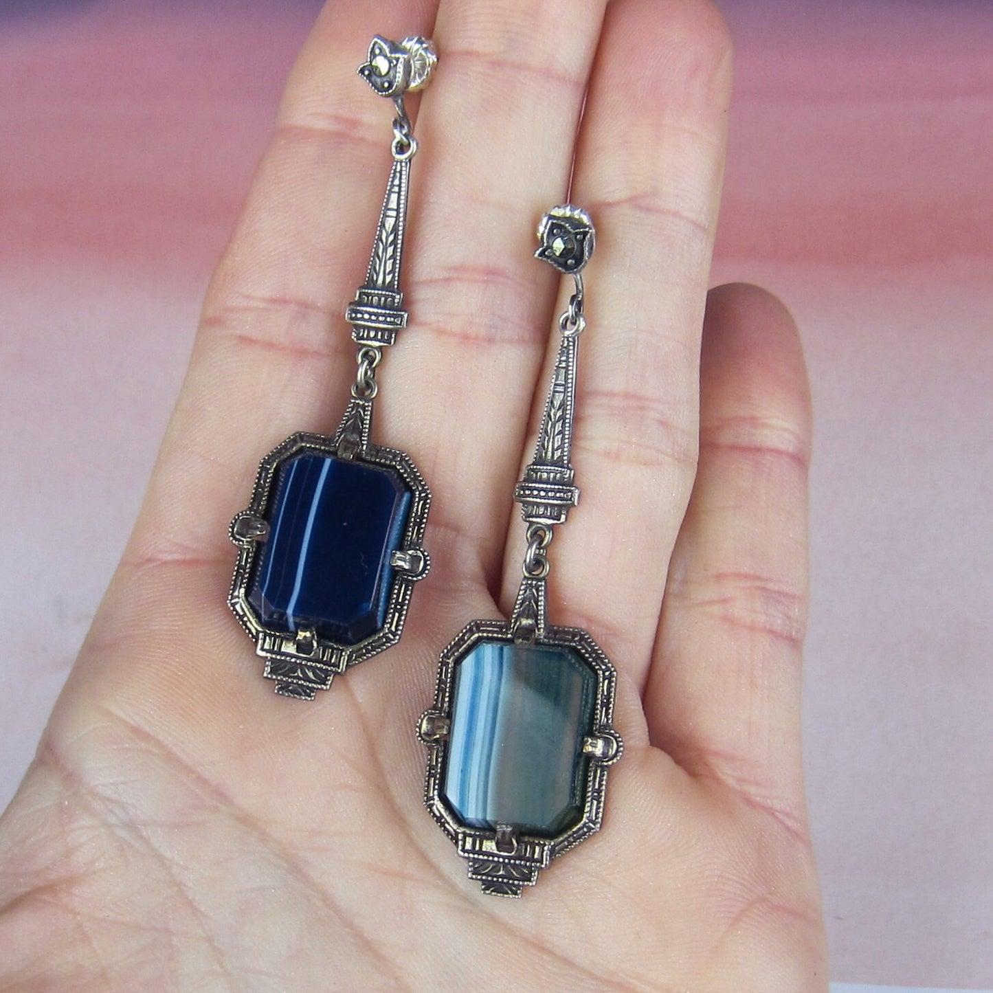 SOLD--Art Deco Banded Agate and Marcasite Earrings Sterling c. 1930