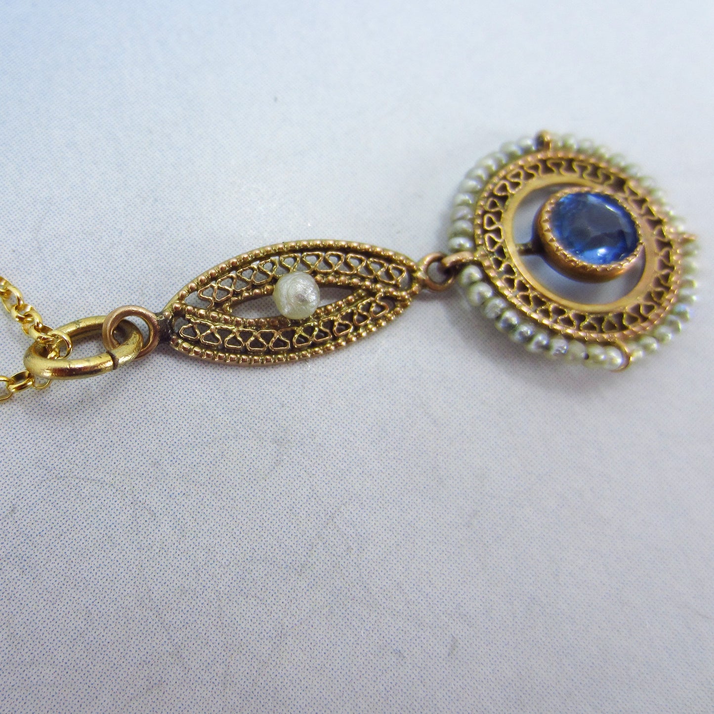 SOLD-Edwardian Seed Pearl and Blue Glass Pendant 10k c. 1910