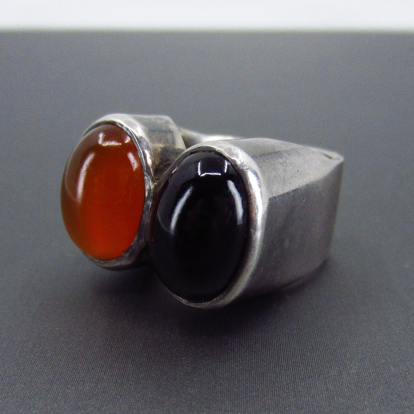 SOLD--Modernist Carnelian and Onyx Cabochon Ring Sterling c. 1970