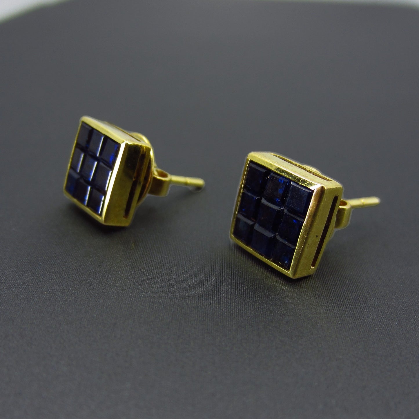 Vintage Square Cut Sapphire Cluster Earrings 18k c. 1980