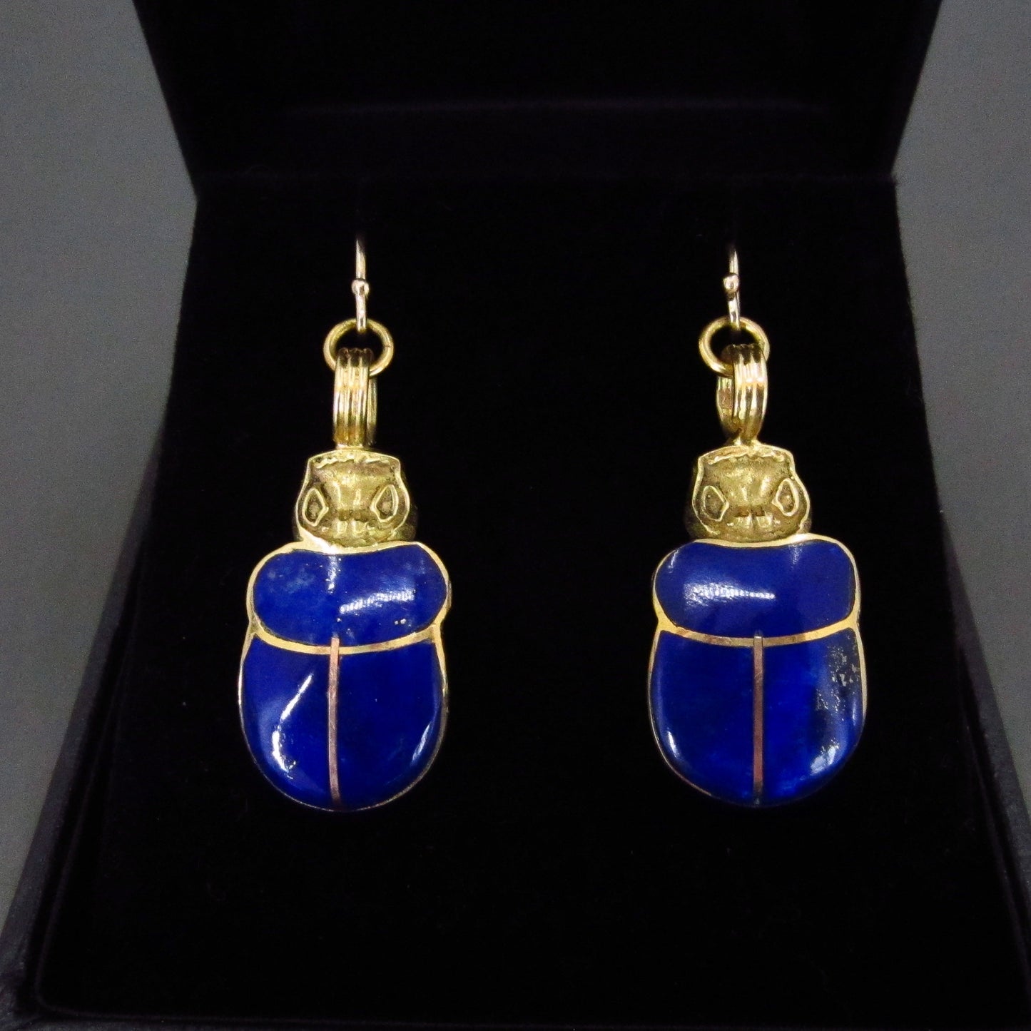 SOLD--Vintage Lapis Scarab Earrings 18k, Italy c. 1990