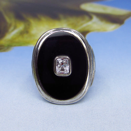 SOLD—Art Deco Old Mine Diamond and Onyx Signet Ring 10kc. 1920