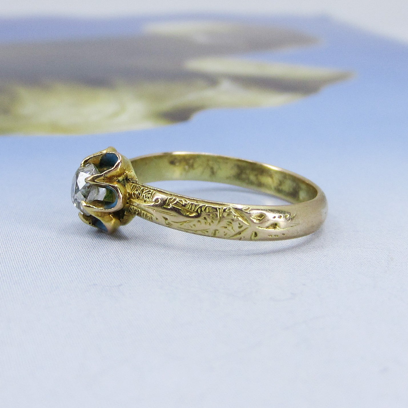 SOLD-Victorian Old Mine Diamond and Enamel Engraved Band Ring 14k c. 1840