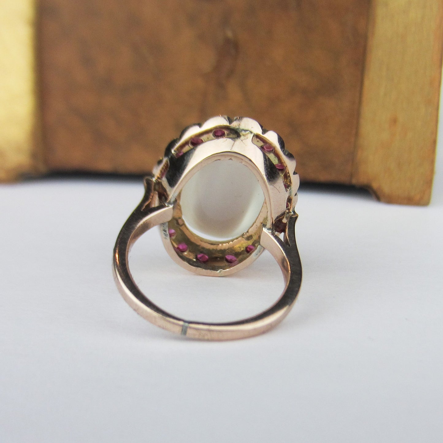 SOLD—Retro Moonstone and Ruby Ring 14k c. 1940