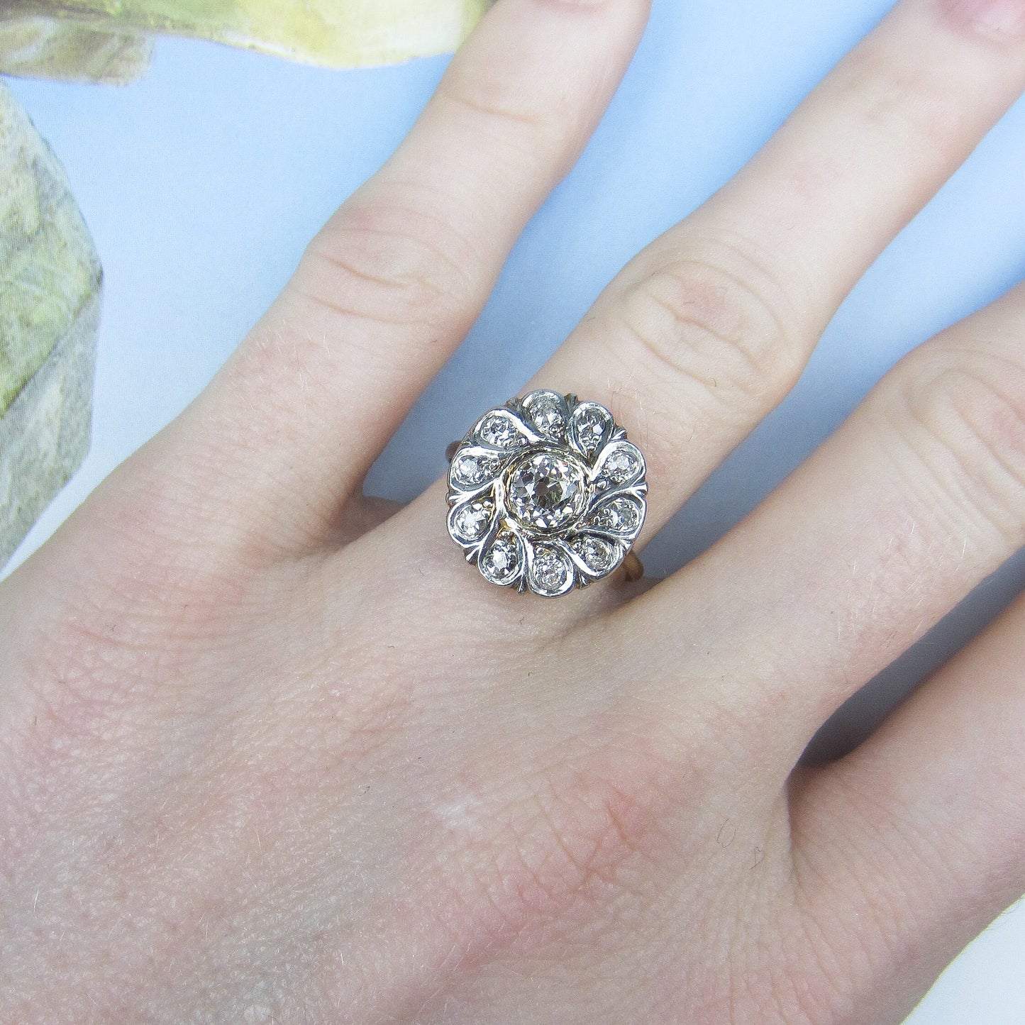 SOLD--Edwardian Old Mine Diamond Cluster Ring Platinum/14k c. 1910